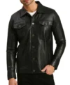 Mens Black Leather Trucker Jacket With Four Pockets Button
