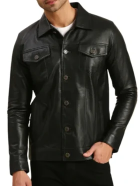 Mens Black Leather Trucker Jacket With Four Pockets Button