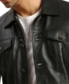 Mens Black Leather Trucker Jacket With Four Pockets Buttoned