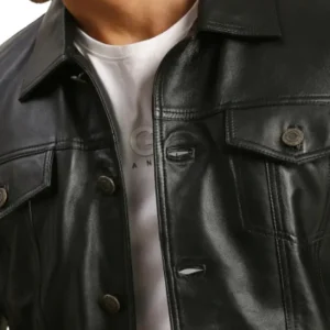 Mens Black Leather Trucker Jacket With Four Pockets Buttoned