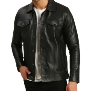 Mens Black Leather Trucker Jacket With Four Pockets Main
