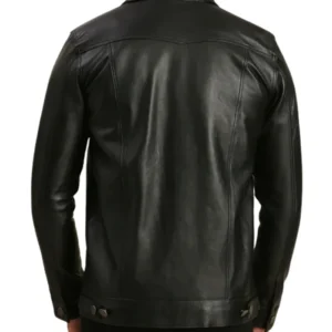 Mens Black Leather Trucker Jacket With Four Pockets back