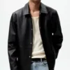Mens Black Shirt Style Collar Leather Jacket Buttoned