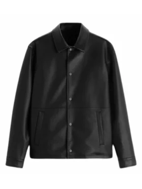 Mens Black Shirt Style Collar Leather Jacket Main