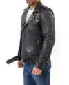 Mens Classic Black Real Leather Motorcycle Jacket Side