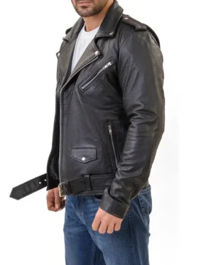 Mens Classic Black Real Leather Motorcycle Jacket Side