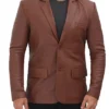 Mens Notch Lapel Collar Brown Leather Blazer Buttoned
