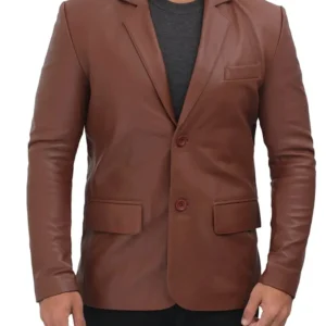Mens Notch Lapel Collar Brown Leather Blazer Buttoned