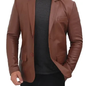 Mens Notch Lapel Collar Brown Leather Blazer Inner
