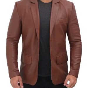 Mens Notch Lapel Collar Brown Leather Blazer Main