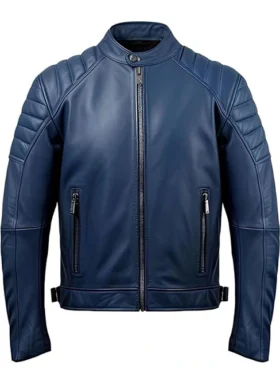 Mens Slim Fit Biker Blue Leather Jacket
