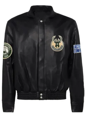 Milwaukee Bucks Black Leather Bomber Jacket 1