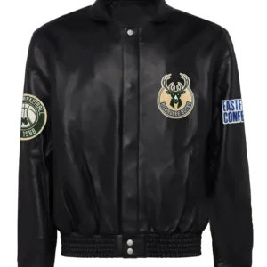 Milwaukee Bucks Black Leather Bomber Jacket 1
