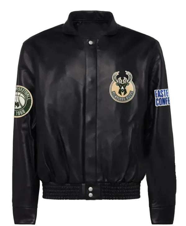 Milwaukee Bucks Black Leather Bomber Jacket 1