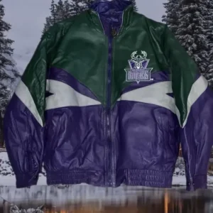 Milwaukee Bucks Purple And Green Bomber Leather Jacket 1