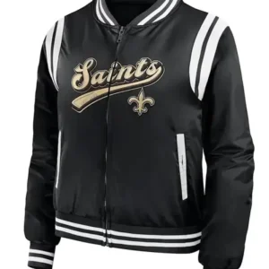 NFL New Orleans Saints Satin Zip Black Bomber Jacket