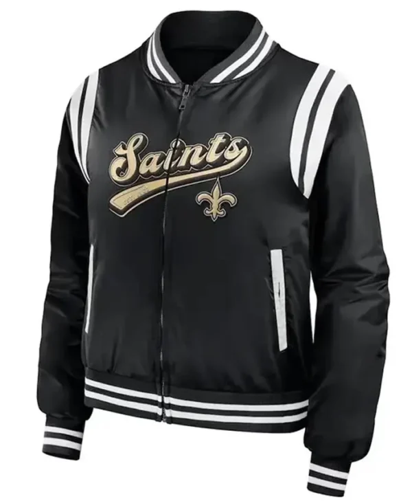 NFL New Orleans Saints Satin Zip Black Bomber Jacket