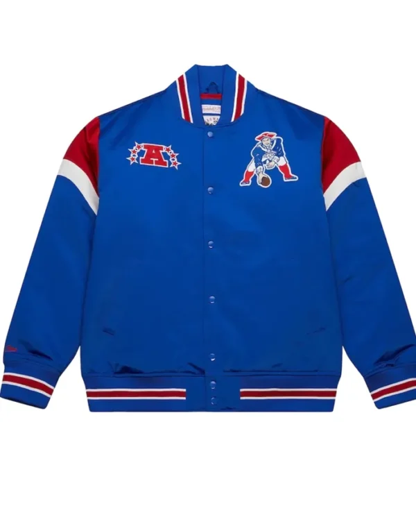 New England Patriots Full Snap Blue Satin Varsity Jacket