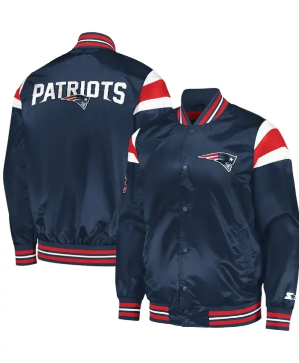 New England Patriots Navy Full Snap Satin Varsity Jacket