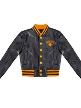 New York Knicks Black And Orange Leather Varsity Jacket