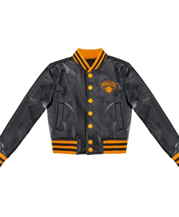 New York Knicks Black And Orange Leather Varsity Jacket