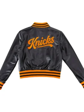 New York Knicks Black And Orange Leather Varsity Jacket Back