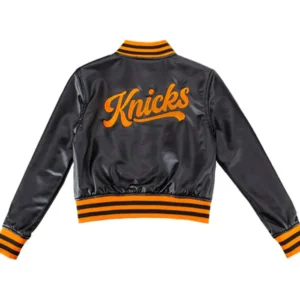 New York Knicks Black And Orange Leather Varsity Jacket Back