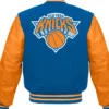 New York Knicks Blue And Orange Varsity Jacket Back
