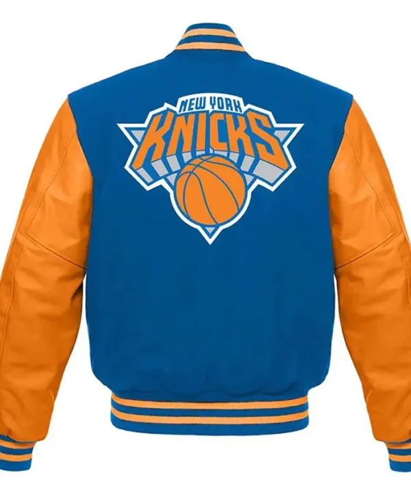 New York Knicks Blue And Orange Varsity Jacket Back