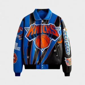 New York Knicks Leather Varsity Jacket Front 1