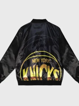 New York Knicks Satin Black Varsity Jacket Back