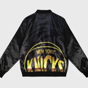 New York Knicks Satin Black Varsity Jacket Back