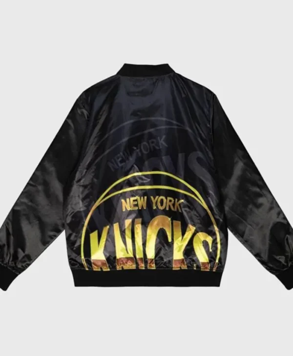 New York Knicks Satin Black Varsity Jacket Back