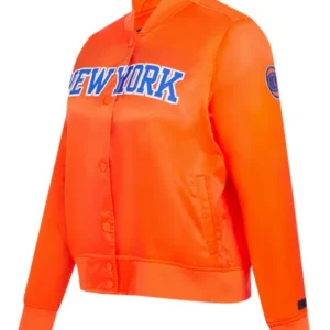 New York Knicks Satin Orange Varsity Jacket Side