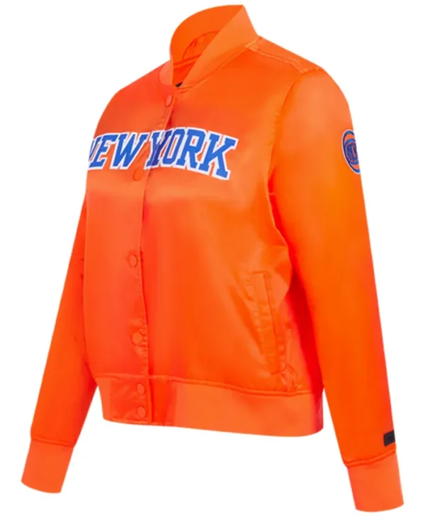 New York Knicks Satin Orange Varsity Jacket Side