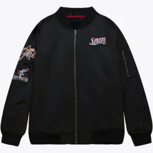 Philadelphia 76ers Black Bomber Satin Jacket