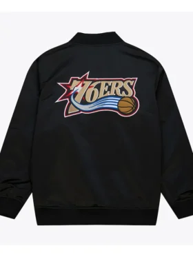 Philadelphia 76ers Black Bomber Satin Jacket Back