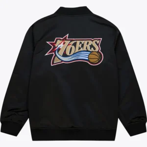 Philadelphia 76ers Black Bomber Satin Jacket Back