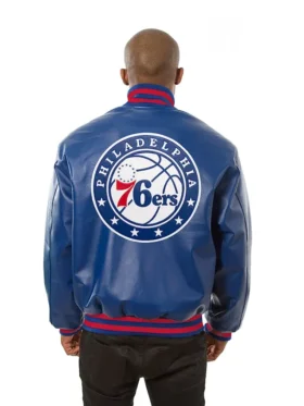 Philadelphia 76ers Blue Leather Bomber Jacket Back
