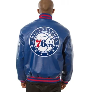 Philadelphia 76ers Blue Leather Bomber Jacket Back