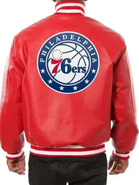 Philadelphia 76ers Red Varsity Leather Jacket Back