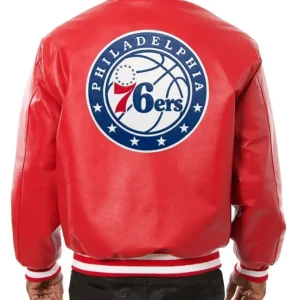 Philadelphia 76ers Red Varsity Leather Jacket Back