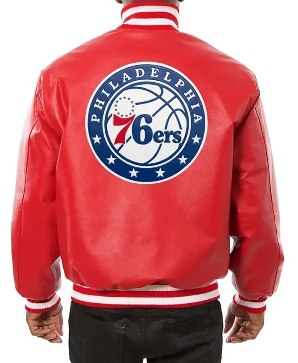 Philadelphia 76ers Red Varsity Leather Jacket Back