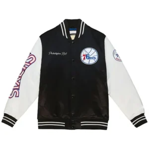 Philadelphia 76ers Satin Black And White Bomber Jacket