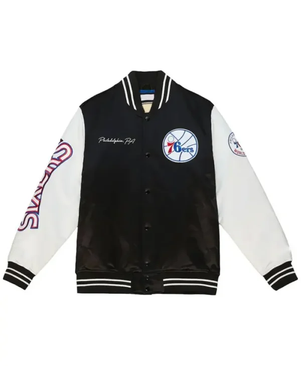 Philadelphia 76ers Satin Black And White Bomber Jacket