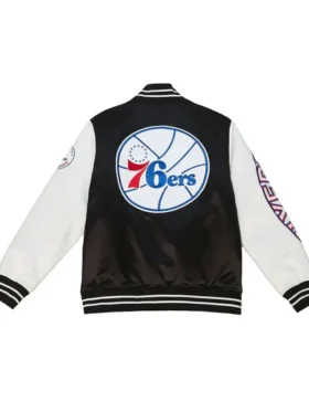 Philadelphia 76ers Satin Black And White Bomber Jacket Back