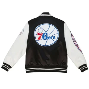 Philadelphia 76ers Satin Black And White Bomber Jacket Back