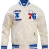 Philadelphia 76ers White Satin Full Snap Bomber Jacket