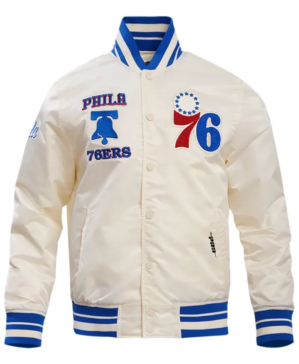 Philadelphia 76ers White Satin Full Snap Bomber Jacket