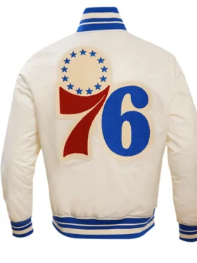 Philadelphia 76ers White Satin Full Snap Bomber Jacket Back